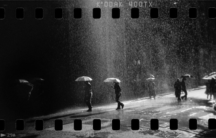 Fake rain of a film set in the bussiness center of Buenos Aires. Circa May 2007. 35 mm serie. Scan of analog source, Hernán Zenteno